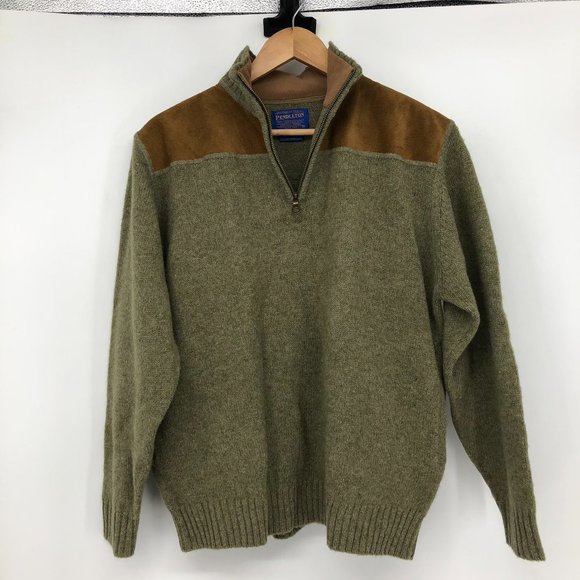 Pendleton Shetland Wool Olive Green Quarter Zip suede elbow patch sweater SP - Picture 16 of 16